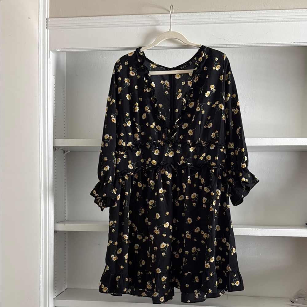 Boohoo Black floral dress with ruffle detail